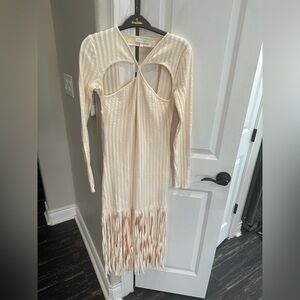 Ronny Kobo CREAM COLOR Long-Sleeve Fringe Midi Dress with Cutout